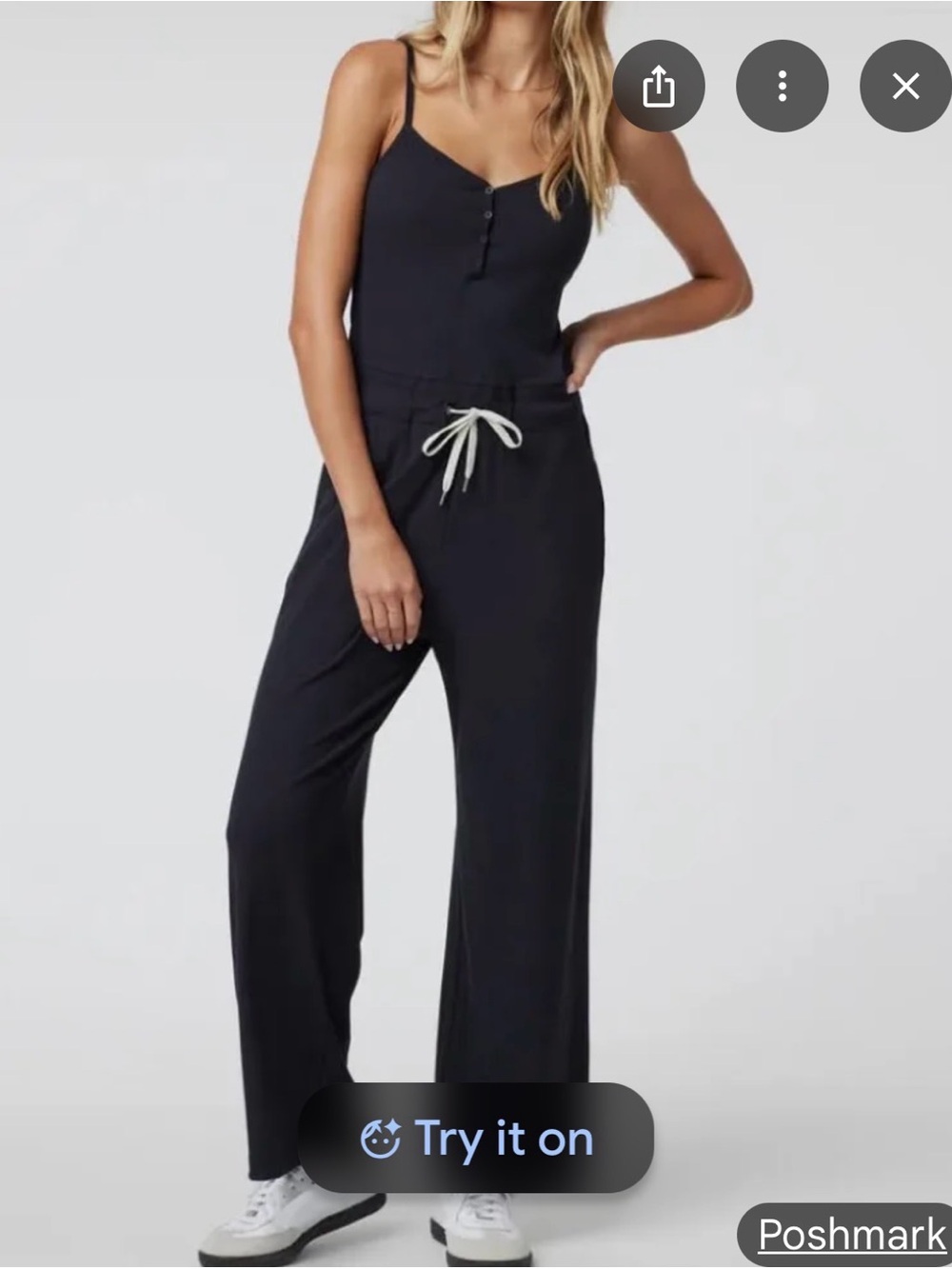 Vuori Black Ribbed Wide-Leg Jumpsuit with Drawstring Size Small